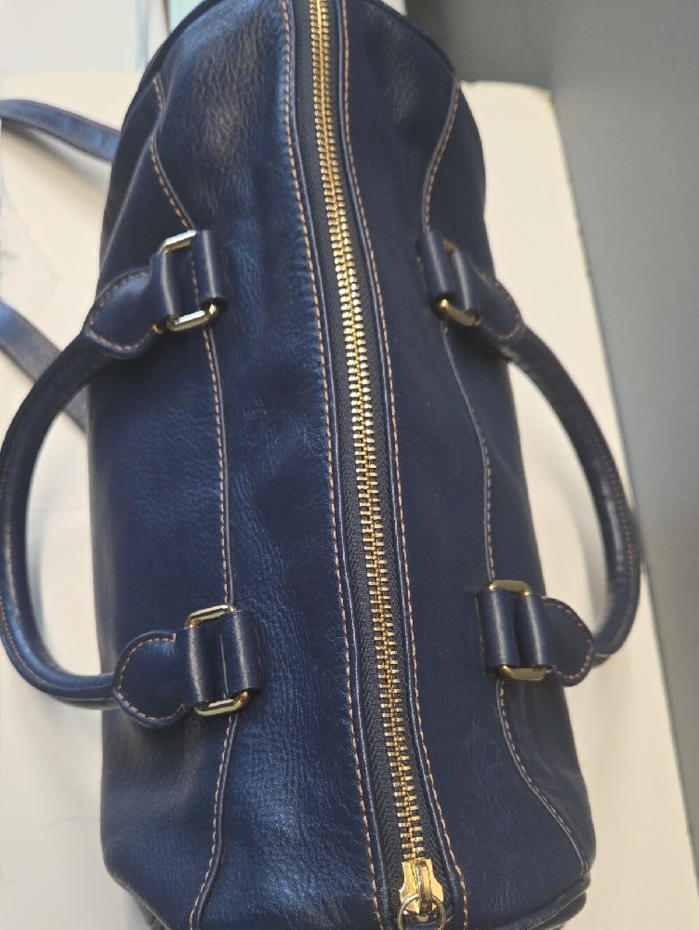 UGG Navy Pebble Leather Satchel with Top Handles - Picture 7 of 12